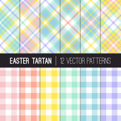 Easter Colors Tartan Plaid and Pixel Gingham Vector Patterns. Pastel Shades of Pink, Coral Orange, Yellow, Turquoise, Blue and Lavender Purple. Pattern Tile Swatches Included.