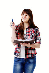 Young thiking student female isolated on white