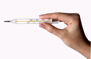 Thermometer in a woman hand isolated on white background. Temperature measuring by a thermometer. 