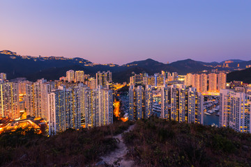 Aberdeen Typhoon Shelters view at Yuk Kwai Shan (mount Johnston) in sunset time