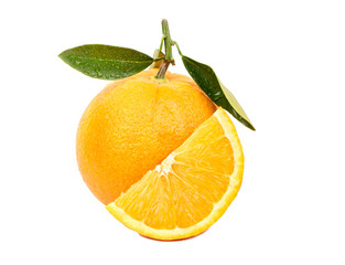 Fresh orange fruit with a juicy slice on white background