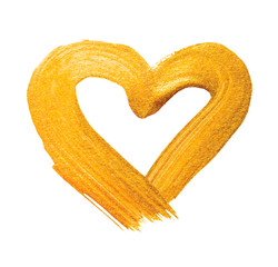 Vector shining gold heart for you amazing design project. Watercolor texture brush strokes isolated on white. Abstract hand painted golden background.