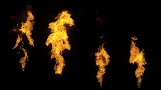A set of 4 isolated fire flames, slow motion gas ignition from bottom to top, high speed flamethrower isolated on black background with alpha channel, perfect for digital composition, video mapping.