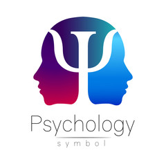 Modern head sign of Psychology. Profile Human. Letter Psi. Creative style. Symbol in vector. Violet blue color isolated on white background. Icon for web. Gradient