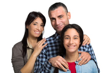 Fototapeta premium Portrait of the happy parents with daughter looking at camera