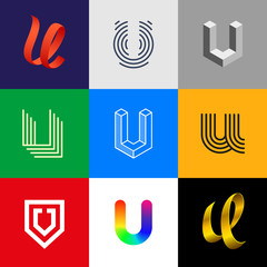 Letter "U" big logo pack. Creative vector monograms. Striped, ribbon, colorful, isometric, linear, 3d logos.Eps10 format. © plasteed