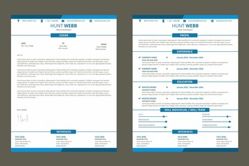 CV Resume, Curriculum Vitae Web Page Flat Design Color Blue with Cover Letter Template Vector