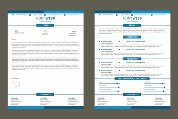 CV Resume, Curriculum Vitae Web Page Flat Design Color Blue with Cover Letter Template Vector