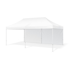 Promotional Advertising Outdoor Event Trade Show Pop-Up Tent Mobile Marquee. Mock Up, Template. Illustration Isolated On White Background. Product Advertising Vector