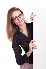 Young smiling woman with blank board