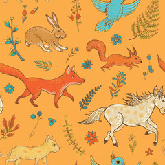 Obraz premium Vector seamless pattern with cute animals and plants