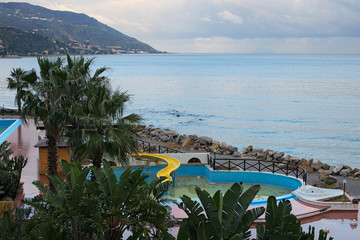 Beautiful views of the hotel grounds and the sea from the room balcony. Marina di Patti. Sicily