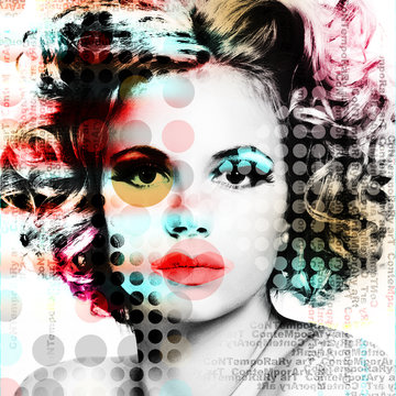 Fototapeta The poster with a portrait of a beautiful girl in the style of contemporary art..