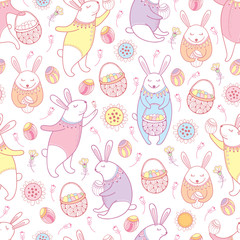 Vector seamless pattern with outline Easter rabbits, egg, basket and flowers in pastel colors on the white background. Cute cartoon bunny and eggs in contour style for holiday Happy Easter design.