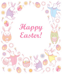 Vector Happy Easter card with outline Easter rabbit, egg and basket in pastel colors isolated on white background. Template cartoon elements with bunny and eggs in contour style for greeting design.