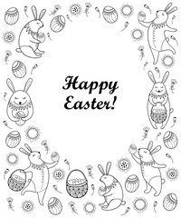 Vector Happy Easter card with outline Easter rabbit, egg and basket isolated on white background. Cartoon elements with cute bunny and eggs in contour style for coloring book and greeting design.
