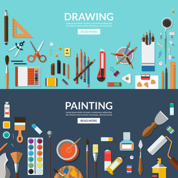 Drawing and painting. Fine art and creative process conceptual banners. Art supplies, stationery - palette, brushes, pens, pencils, paints, watercolor etc. Flat vector background illustrations
