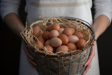 Woman Holding Metal Wire Basket of Fresh Farm Chicken Eggs With Raffia Vertical