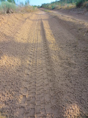 Naklejka premium SUV wheel trace on the desert road after the rain in the Western Kazakhstan