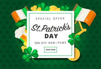 St. or Saint Patrick's day vector background design. La Fheile Padraig holiday banner layout. Greeting letter or postcard element with Irish symbols. Party or event headline template with text.