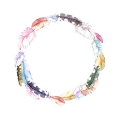 Feathers. Vintage wreath border, boho style. Watercolor © zzorik