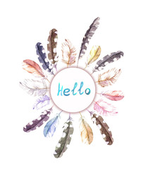 Vintage round wreath - birds feathers. Watercolor