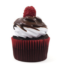 Isolated chocolate cupcake with a raspberry.
