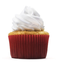 Isolated cupcake with a whipped swirl.
