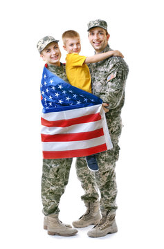 Military Family Reunited On White Background