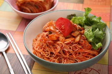bibim guksu. korean style spicy noodles.
