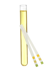 Test strips and tube with urine on white background