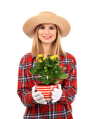 Beautiful woman florist in hat holding house plant isolated on white background