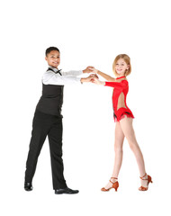 Cute dancing children on white background