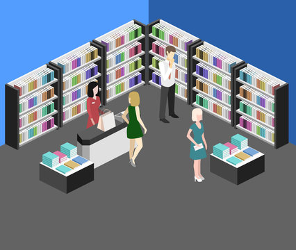 Isometric flat 3D interior of book shop.