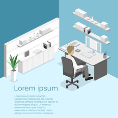 Flat 3d isometric abstract office floor interior departments concept.