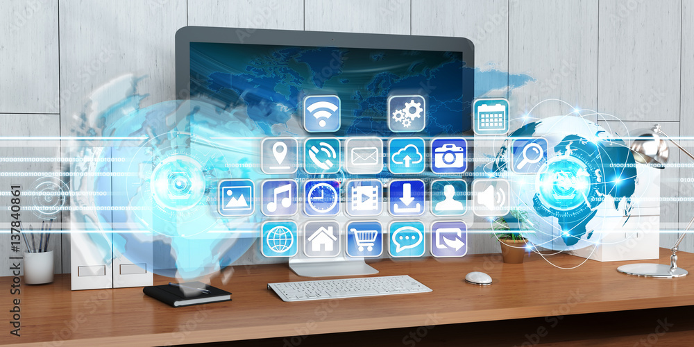 Poster Workplace with modern devices and hologram screens 3D rendering