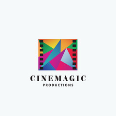 Cinema Magic Abstract Vector Sign, Emblem or Logo Template. Mosaic Filmstrip Symbol with Typography.