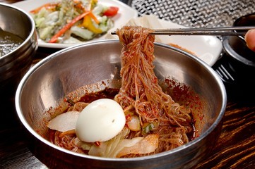 bibim naengmyeon. koreanstyle spicy cold noodles
