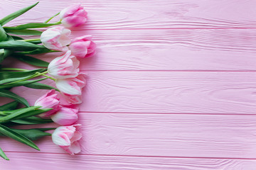 Wooden pink background and tulips. Conception holiday, March 8, Mother's Day.