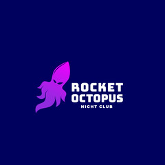 Rocket Octopus or Squid Abstract Vector Sign, Emblem or Logo Template. Creative Concept on Dark Blue Background