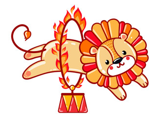 Lion jumping through a flaming ring. Circus lion jumping through a flaming ring. Cute vector illustration.