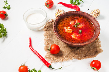 Traditional Ukrainian Russian vegetable borscht soup on light background