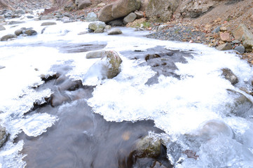 Winter landscape with snow and icy water