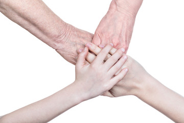 Four female hands folded on each other, symbolizing the four generations, isolated on white background
