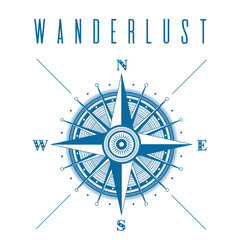 Wanderlust poster with compass. Vector travel and adventure illustration with navigation equipment