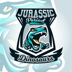 Colourful emblem, logo, dangerous raptor ready to attack, sharp claws, dinosaur of the Jurassic period. Vector illustration, sporty and dynamic style, printing on T-shirts