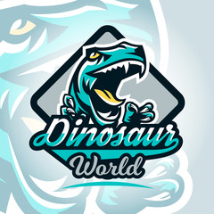 Colourful emblem, logo, dangerous raptor ready to attack, sharp claws, dinosaur of the Jurassic period. Vector illustration, sporty and dynamic style, printing on T-shirts