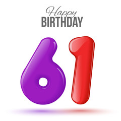 sixty one birthday greeting card template with 3d shiny number sixty one balloon on white background. Birthday party greeting, invitation card, banner with number 61shaped balloon