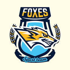 Naklejka premium Colourful emblem, logo, sticker, face aggressive fox ready to attack, the predator. Vector illustration, dynamic and sport style, printing on T-shirts.