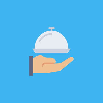 Restaurant cloche in hand icon. flat design